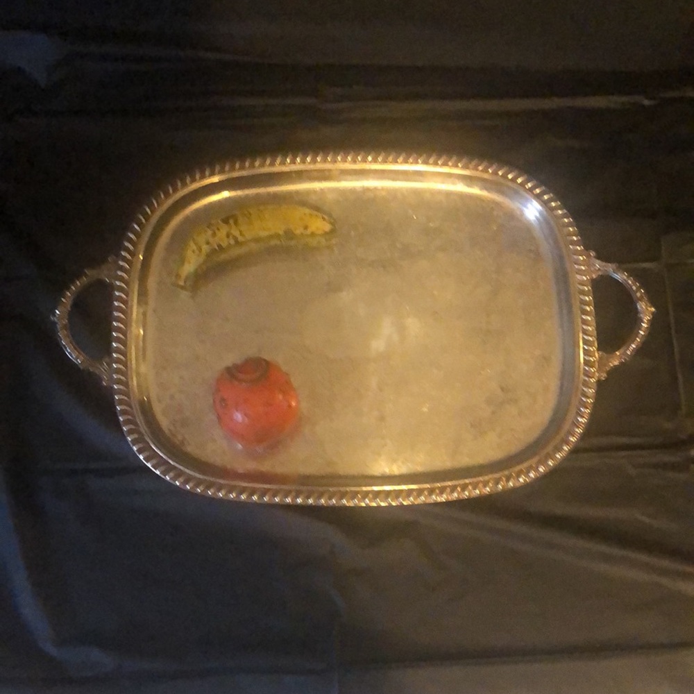 Copper under Silver plate large ornate serving tray marked Lion foot 1” pedestal